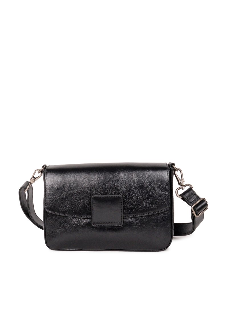 Black leather shoulder bag with a smooth texture, rectangular shape, front flap, and a detachable strap featuring a silver clasp.