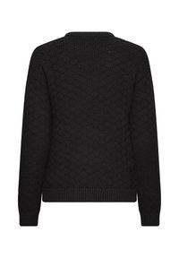 Sort strikket sweater med lange ærmer og et tekstureret diamantmønster, vist fra bagsiden på en hvid baggrund.