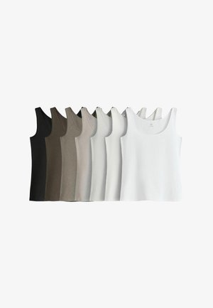 Acht ärmellose Tanktops in einer Reihe, Farben von Schwarz bis zu verschiedenen Grautönen und Weiß, auf weißem Hintergrund dargestellt.