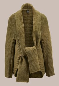 Olivegrüner gerippter Cardigan mit breitem Kragen und Bindeband. Weiche Textur, offenes Frontdesign und lange Ärmel in lockerer Passform.