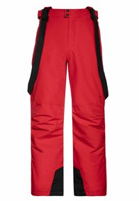 Pantalon de neige isolant rouge avec des bretelles réglables noires et des renforts noirs aux chevilles intérieures.