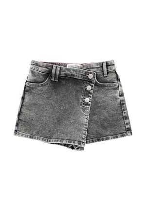 Grijze denim mini-jurk met een sluiting met een knop aan de voorkant, vijf zakken en een versleten textuur. Beschikt over een relaxte pasvorm en rafelige zomen.