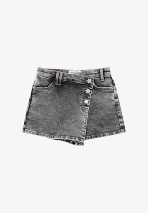 Grijze denim mini-jurk met een sluiting met een knop aan de voorkant, vijf zakken en een versleten textuur. Beschikt over een relaxte pasvorm en rafelige zomen.