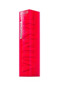 Produit labial Maybelline Superstay Vinyl Ink dans un tube rose glossy et vibrant avec des lettres en relief audacieuses et une forme rectangulaire élégante.