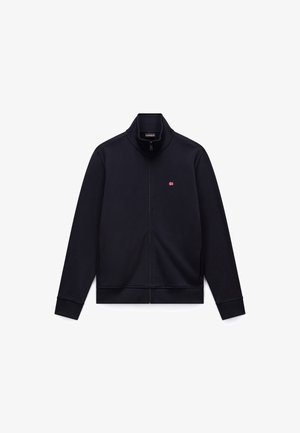 Tengerészkék cipzáros kabát álló gallérral, bordázott mandzsettákkal és szegéllyel, minimalista dizájnnal és kis logóval a mellkason. Puha szövetes textúra.