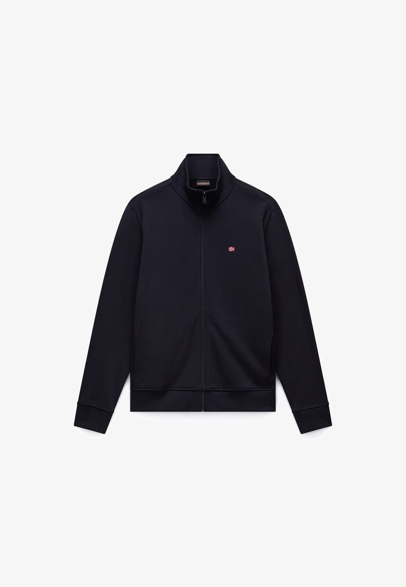 Ναυτικό μπλε μπουφάν με φερμουάρ, γιακά όρθιο, ριμπ μανσέτες και τελείωμα, μινιμαλιστικός σχεδιασμός, και μικρό λογότυπο στο στήθος. Μαλακή υφή υφάσματος.