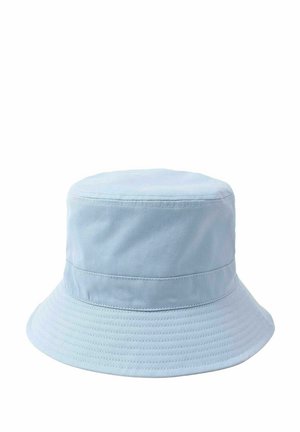 Light blue cotton bucket hat with a wide, flat brim and a smooth, structured crown. Features a horizontal band around the base.