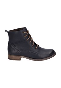 Bottes en cuir bleu marine jusqu'à la cheville avec un bout arrondi, des lacets marron, des détails de couture subtils et un petit talon en bois. Fermeture éclair sur le côté pour un accès facile.
