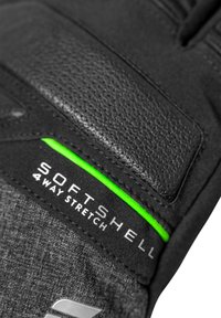 Gant en noir avec un matériau softshell, des accents en cuir texturé, une bande élastique verte et un branding indiquant "SOFTSHELL 4 WAY STRETCH."