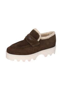 Brązowe zamszowe buty slip-on z białą gumową podeszwą, z futrzanym wykończeniem i paskiem na podbiciu z kontrastowym przeszyciem.