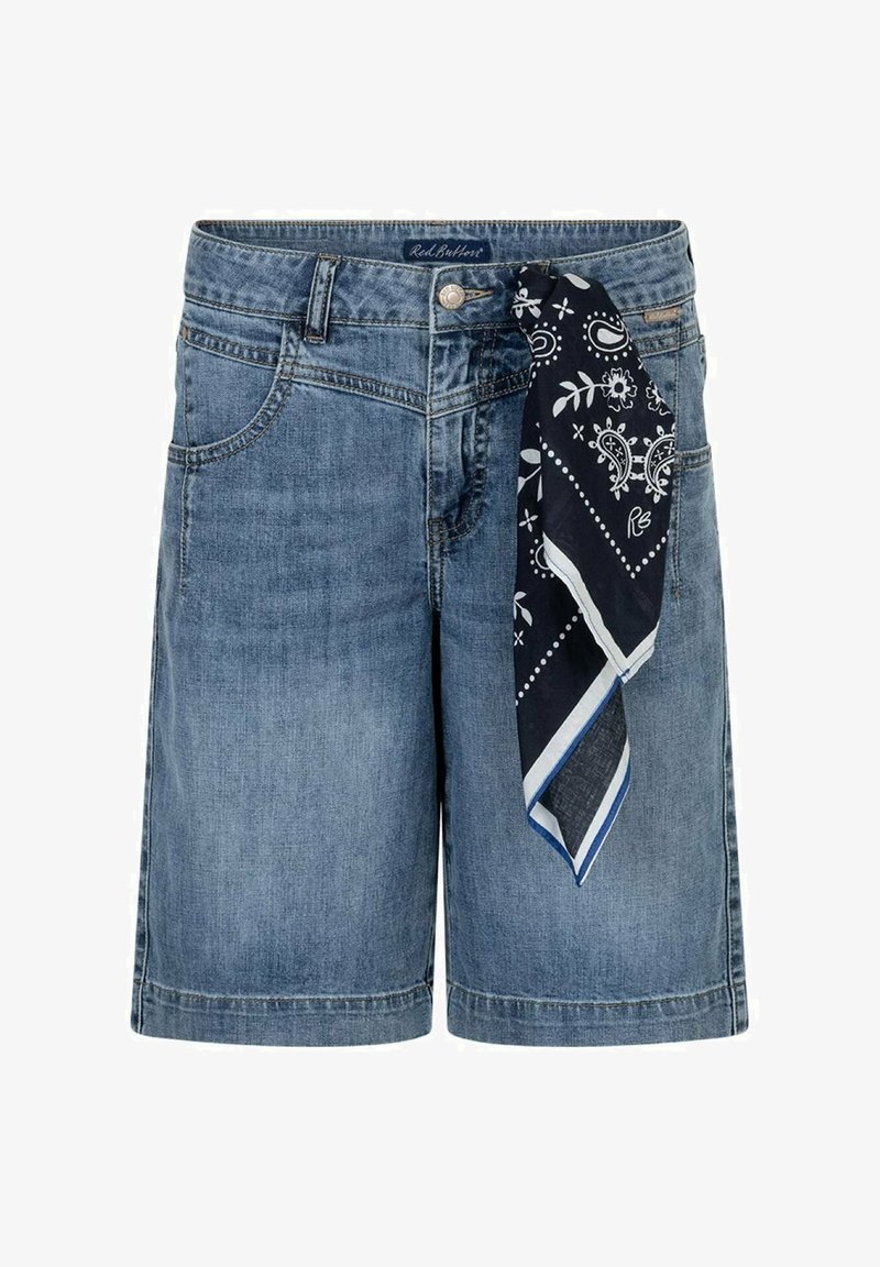 Denim shorts with front pockets and belt loops, featuring a black and white patterned bandana tied to the waistband on the right side.