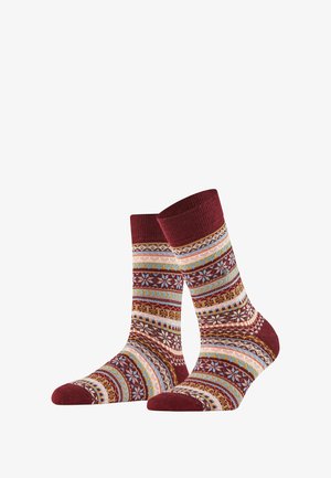 Knit socks with a maroon cuff and patterned body featuring blue, yellow, and white geometric designs and floral motifs.