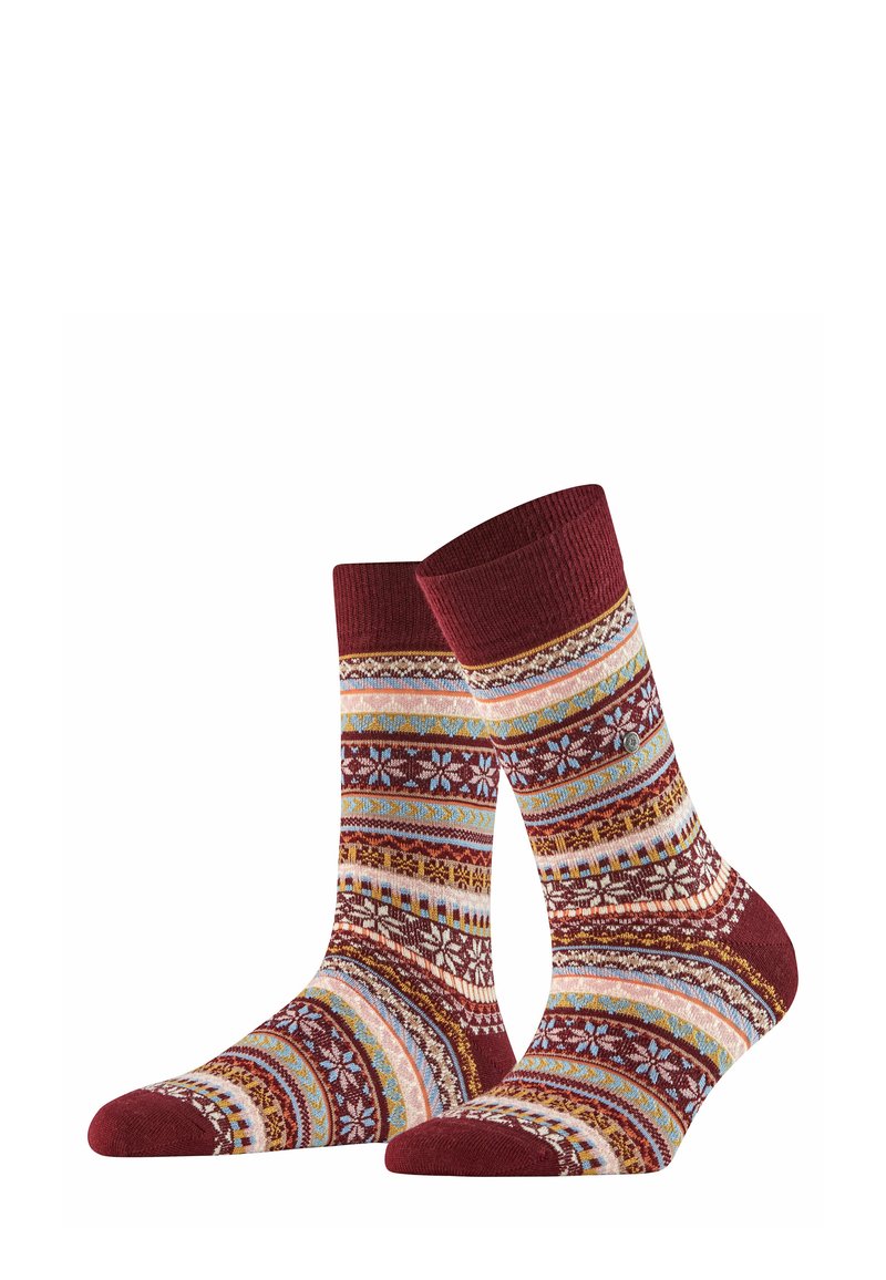 Skarpetki dziane z bordowym mankietem i wzorowanym ciałem, które mają niebieskie, żółte i białe geometryczne wzory oraz motywy kwiatowe.