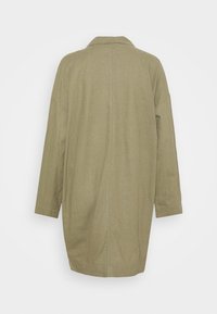 Olive green coat with a collar, long sleeves, and a loose fit. Back view shows stitching detail and a mid-length design. Smooth texture.