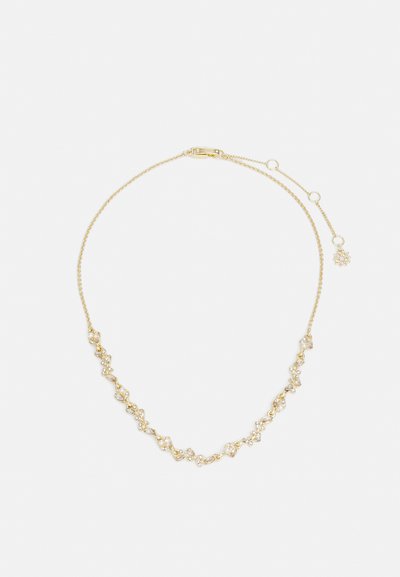 Collier en or avec une chaîne délicate et de petites accents en forme de fleurs, ornés de strass transparents incrustés partout. Longueur ajustable.