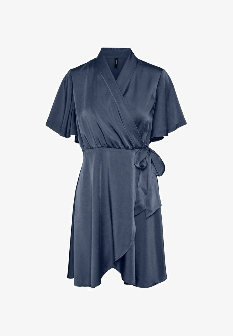 Robe portefeuille en satin bleu marine avec manches courtes volantées, col en V et nœud sur le côté, avec un ourlet légèrement asymétrique.