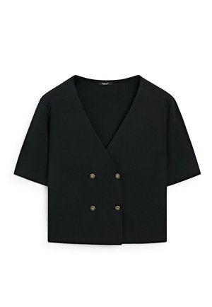 Black short-sleeve top with a v-neckline, double-breasted design, and two gold-tone buttons as accents. Smooth fabric texture.