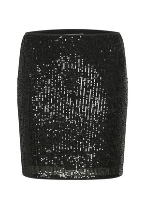 Sort pailetteret nederdel med et tætsiddende design, der har en glat, elastisk talje og en blank overflade dækket af glitrende pailetter.