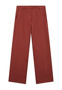 Pantalon à jambes larges couleur rouille, en tissu texturé, avec une ceinture devant, deux poches latérales et une finition lisse.