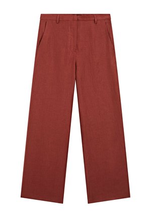 Weit geschnittene Hosen in Rostfarbe aus strukturiertem Stoff, mit einem vorderen Bund, zwei seitlichen Taschen und einer glatten Oberfläche.