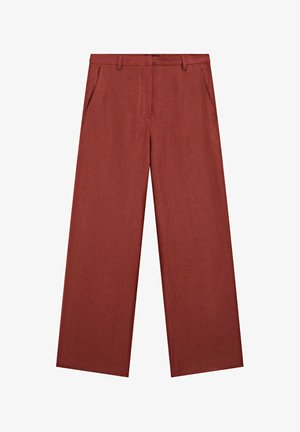 Rust-colored wide-leg trousers made of textured fabric, featuring a front waistband, two side pockets, and a smooth finish.
