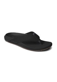 Sandale en plastique noire avec une semelle rembourrée, des sangles en tissu et un détail de logo. Texture lisse et design minimaliste adapté à un port décontracté.