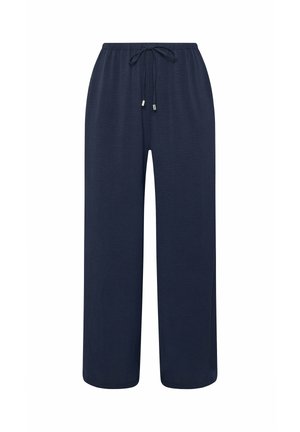 Marineblaue weit geschnittene Hose mit elastischem Bund und verstellbarem Kordelzug, hergestellt aus leichtem Stoff für komfortables Freizeittragen.