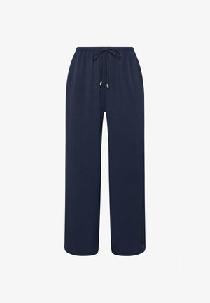 Marineblaue weit geschnittene Hose mit elastischem Bund und verstellbarem Kordelzug, hergestellt aus leichtem Stoff für komfortables Freizeittragen.