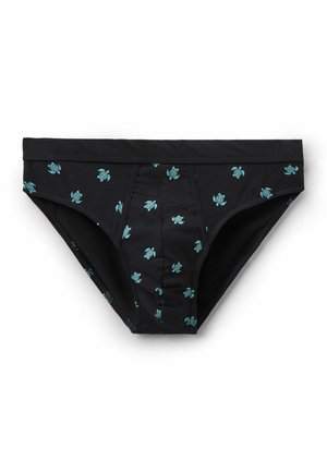 Czarne męskie bokserki z małym turkusowym wzorem morskiej żółwi i szerokim czarnym pasem, pokazane na białym tle.