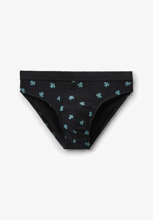 Czarne męskie bokserki z małym turkusowym wzorem morskiej żółwi i szerokim czarnym pasem, pokazane na białym tle.