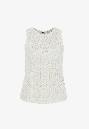 Haut blanc sans manches en crochet avec des motifs floraux hexagonaux et des bords en feston.