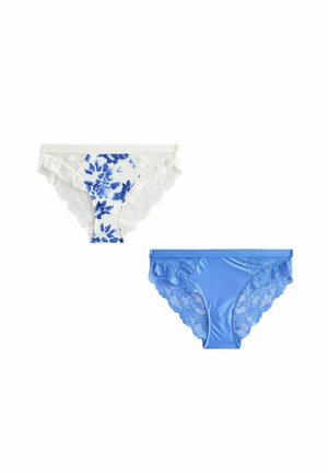 Two pairs of women's underwear: one white with blue floral pattern and lace trim, the other solid blue with lace accents.