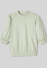 Pull vert clair en maille douce, avec un col rond, des manches bouffantes et des poignets et ourlets en côtes.