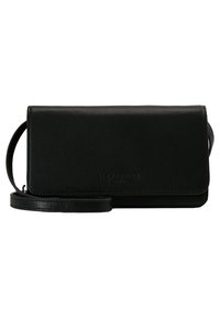 Czarna skórzana torba na ramię o prostokątnym kształcie, gładkiej fakturze i tłoczonym logo. Posiada odpinany pasek na ramię oraz zapięcie na klapę.