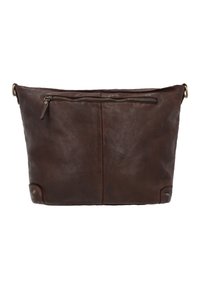 Brown leather bag with a soft texture; features a zippered pocket on the front and circular hardware accents on the bottom corners.