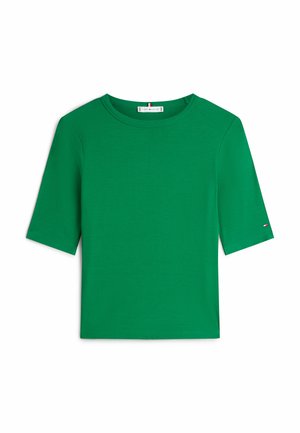 Groene geribde T-shirt met korte mouwen, een ronde halslijn en een klein logo-accent op de mouw. Glad textuur en aansluitend ontwerp.