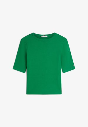 Groene geribde T-shirt met korte mouwen, een ronde halslijn en een klein logo-accent op de mouw. Glad textuur en aansluitend ontwerp.