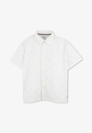 Witte shirt met korte mouwen en een gestructureerde kraag, met een subtiel patroon en knoopsluiting. Gemaakt van een lichtgewicht stof.