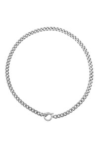 Collana in argento con maglie tonde e chiusura a toggles, che presenta una finitura lucida e un motivo uniforme su tutta la superficie.