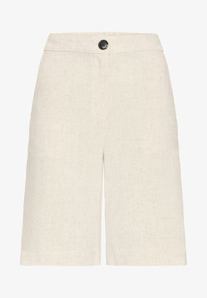 Pantaloni corti in lino beige chiaro con taglio dritto, caratterizzati da una chiusura frontale con bottone e una texture sottile. Lunghezza fino a metà coscia e senza tasche.