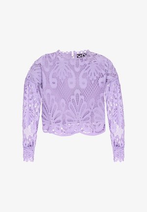 Lila Spitzenoberteil mit langen Ärmeln, das mit aufwendigen floralen Mustern, einem runden Halsausschnitt und einem gewellten Saum versehen ist. Es hat einen Schlüssellochverschluss auf der Rückseite.