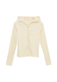 Geribbeld, crèmekleurig hoodie met een ritssluiting aan de voorkant, cropped lengte en een golvende zoom en manchetten.