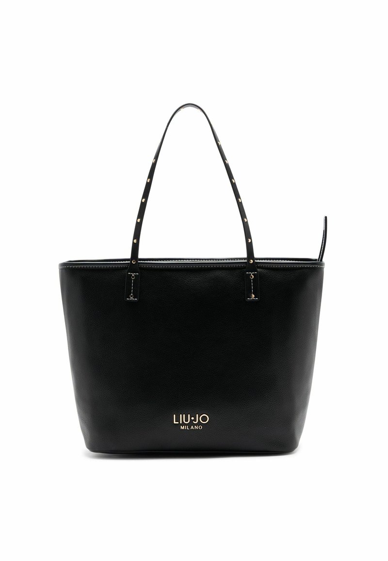 Fekete bőr bevásárlótáska két vállpánttal, aranyszínű díszítésekkel és márkajelzéssel az alján. Simább felületű, struktúrált formájú.