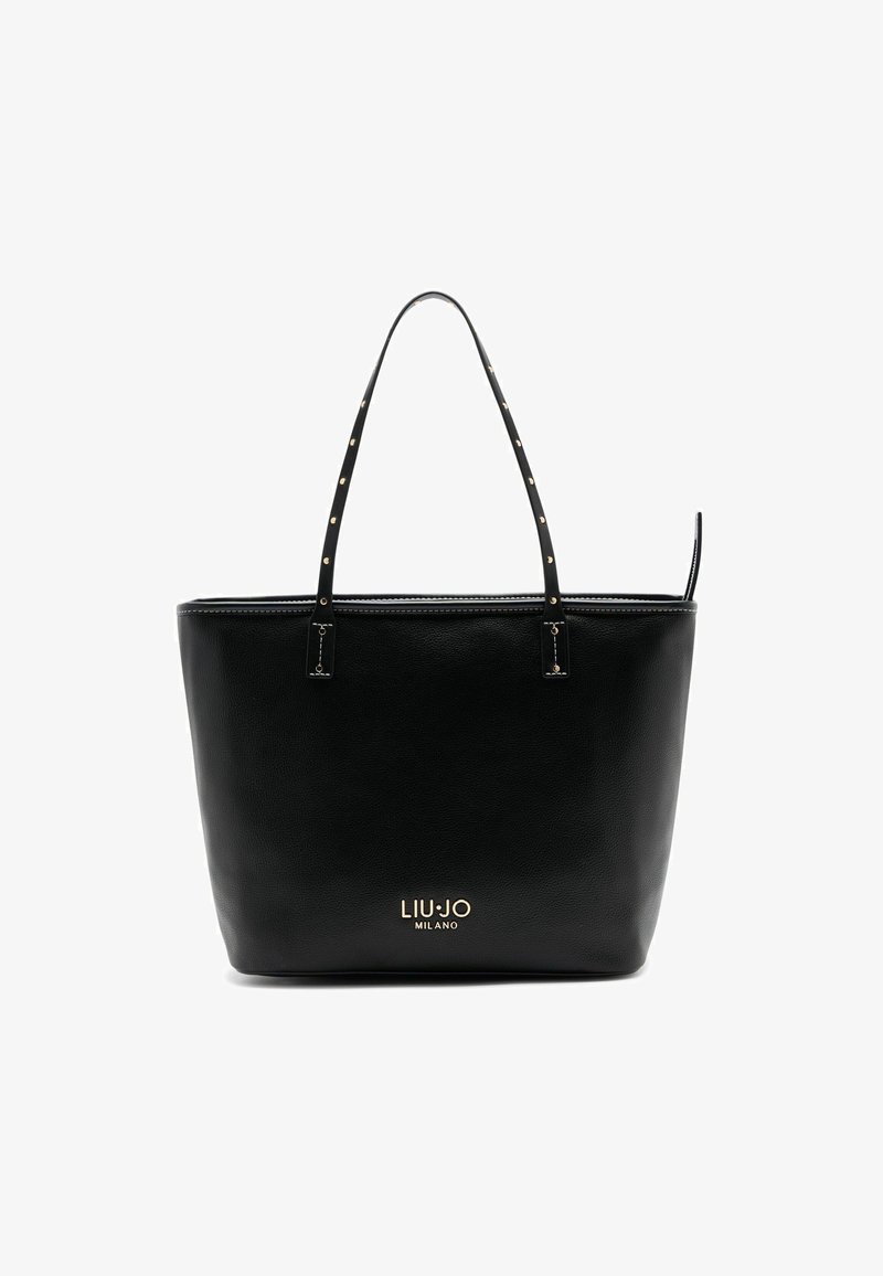 Fekete bőr bevásárlótáska két vállpánttal, aranyszínű díszítésekkel és márkajelzéssel az alján. Simább felületű, struktúrált formájú.