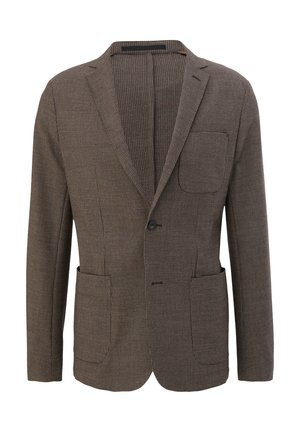 Bruine geruite blazer van textuurstof, met een enkele knoopsluiting, een borstzak en twee voorzakken.