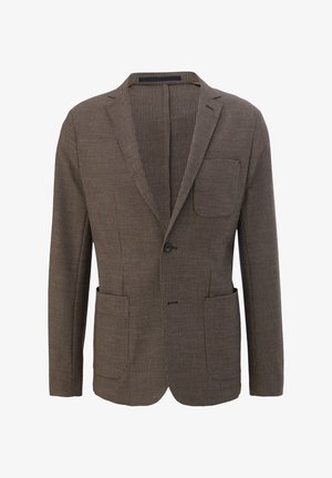 Brown checkered blazer made of textured fabric, featuring a single button closure, a chest pocket, and two front pockets.