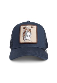 Navy blue trucker hat with a front patch featuring an embroidered squirrel and the text "NUTS." Mesh panels on the sides and back.