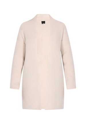 Helle beige Strickjacke mit lässiger Passform, offenem Vorderteil und Dreiviertelärmeln. Weiche Strickqualität ohne Verschlüsse; minimalistische Designdetails.