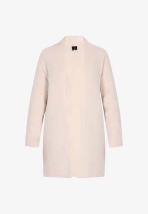 Lys beige cardigan med en afslappet pasform, åben front og trekvartærmer. Blød strik tekstur uden lukninger; minimalisk design.
