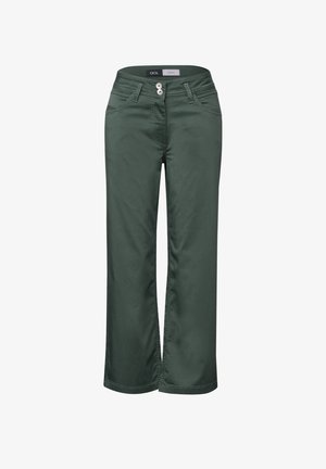Pantalons larges verts en tissu lisse. Comprend deux poches avant, deux fermetures à bouton et des accents brodés subtils.